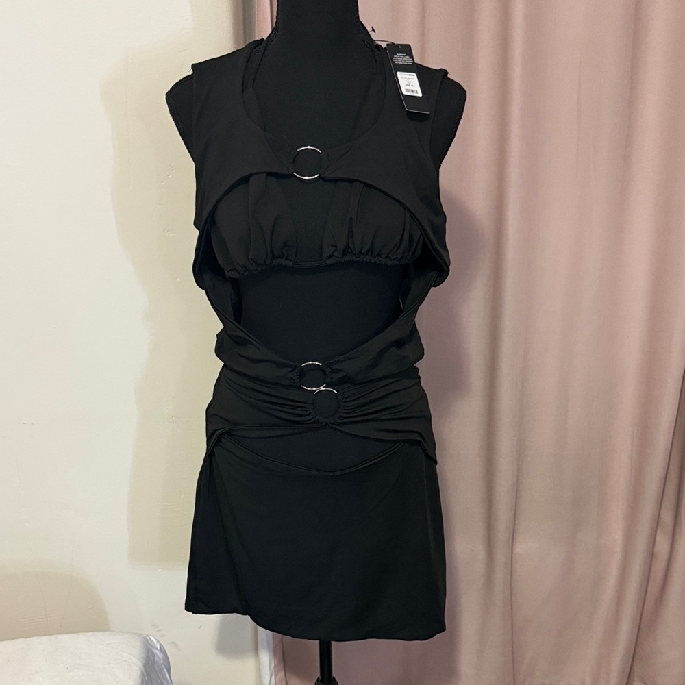 Fashion Nova Black Ring-Accent Cutout Mini Skirt Set